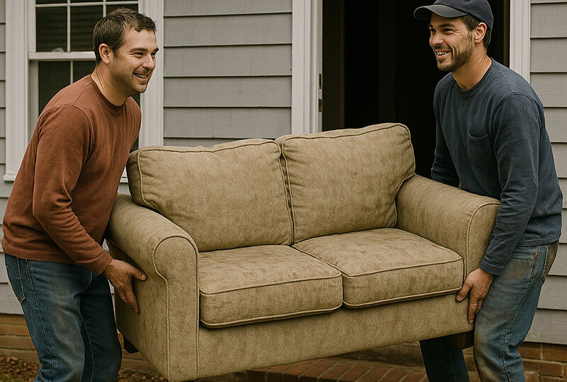 2 male works carrying old sofa out of home